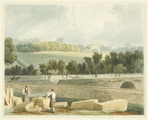 A watercolour drawing executed by Samuel Jackson in 1824 in the Braikenridge Collection of Bristol Museum and Art Gallery (BRSMG M3435). The view looks east from a position in the area of Park Place across Whiteladies Road and Tyndall's Park to Royal Fort House.